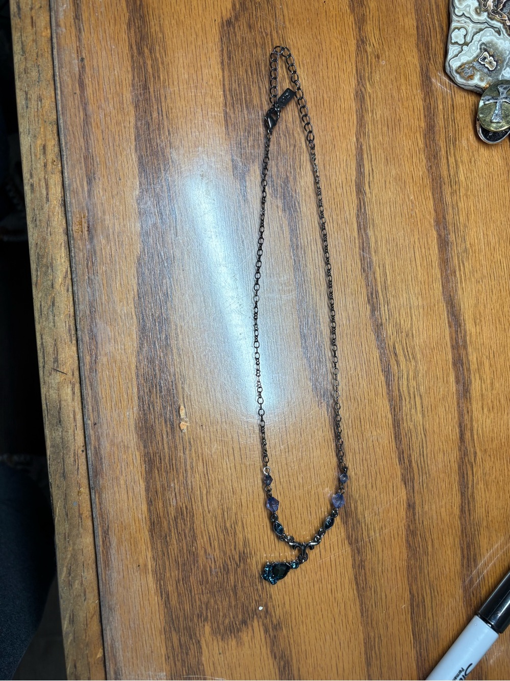 Blue Crystal Drop Necklace on Dark Chain 9 3/4 inches